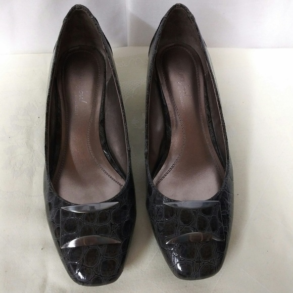 Naturalizer Gray Black Snakeskin Faux Leather Square Toe Slip On Pump Shoe - Picture 2 of 8